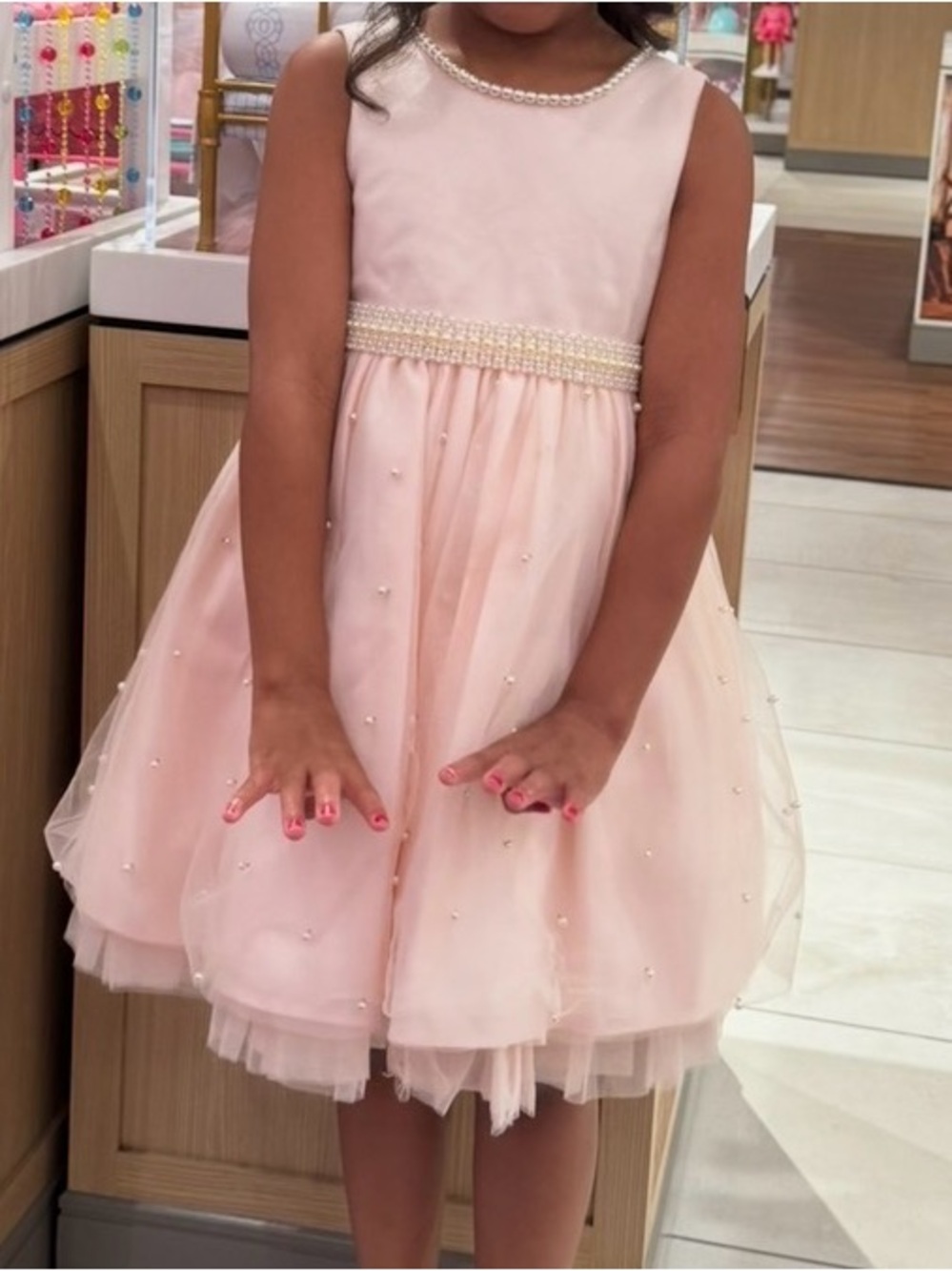 Pearl-Trim Light Pink Tulle Party Dress for Girls